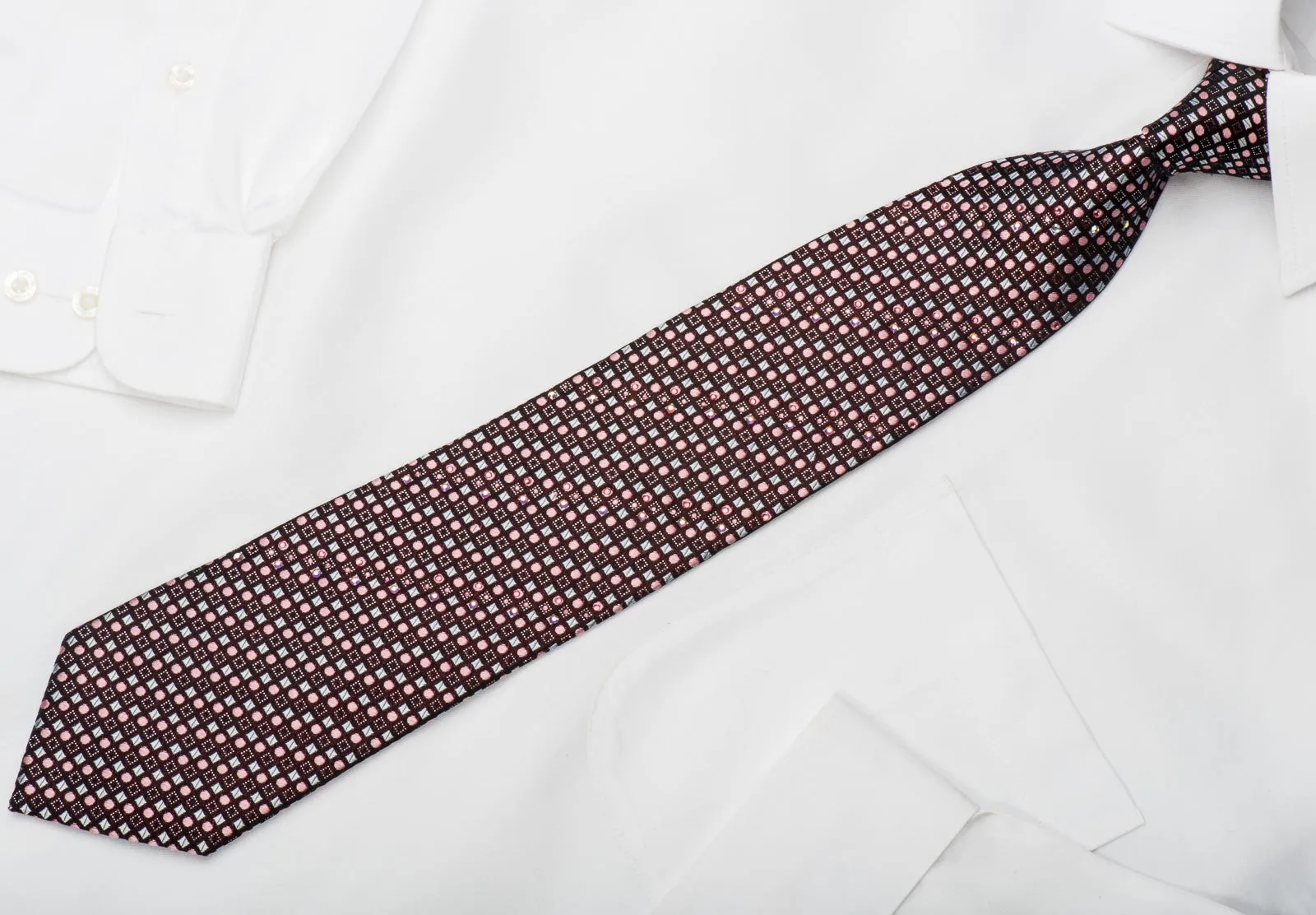 Smalto Rhinestone Silk Necktie Pink Dots & Silver Squares On Black With Sparkles