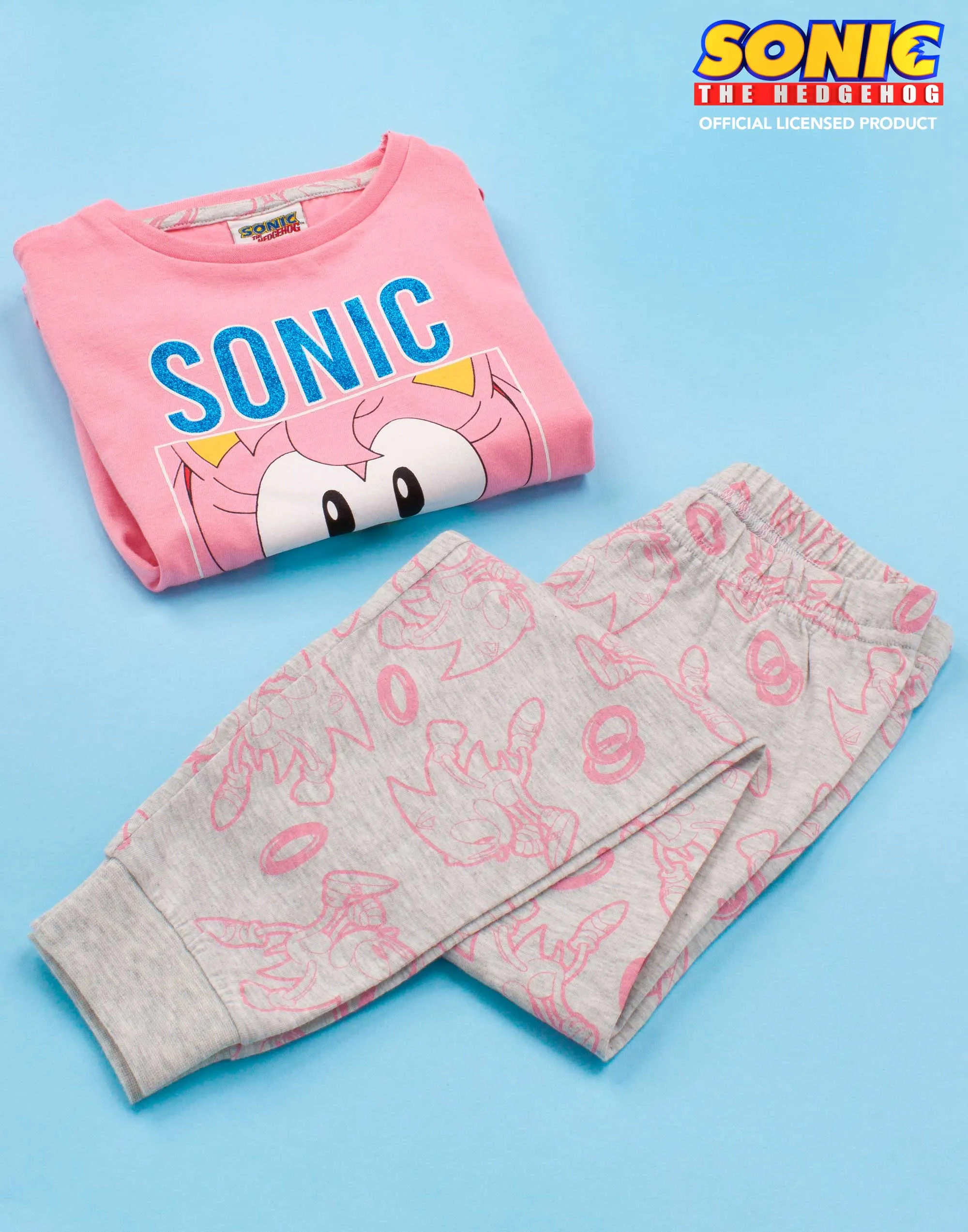 Sonic the Hedgehog Multi-Character Placement & All-Over Print Girls Pink Short Sleeve Long Leg Pyjama Set