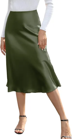 We1Fit Women's High Waisted Satin Skirt Elegant A-Line Cocktail Party Wedding Silk Skirts
