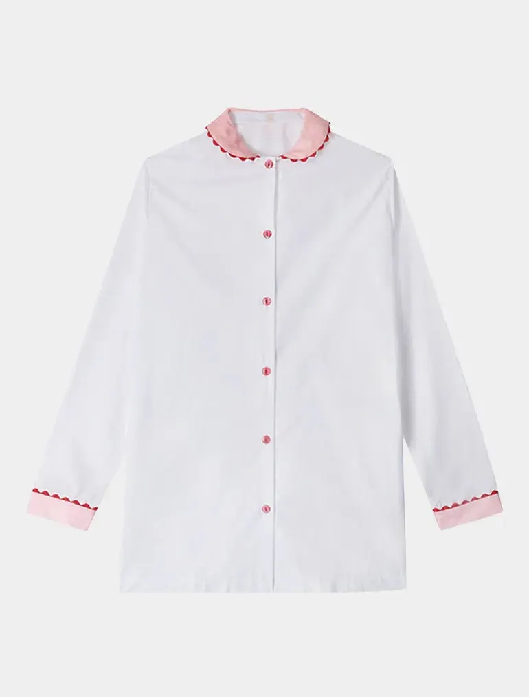White Nightshirt With Contrasting Pink Collar and Cuffs and Red Ric Rac Trim - 100% Cotton Poplin
