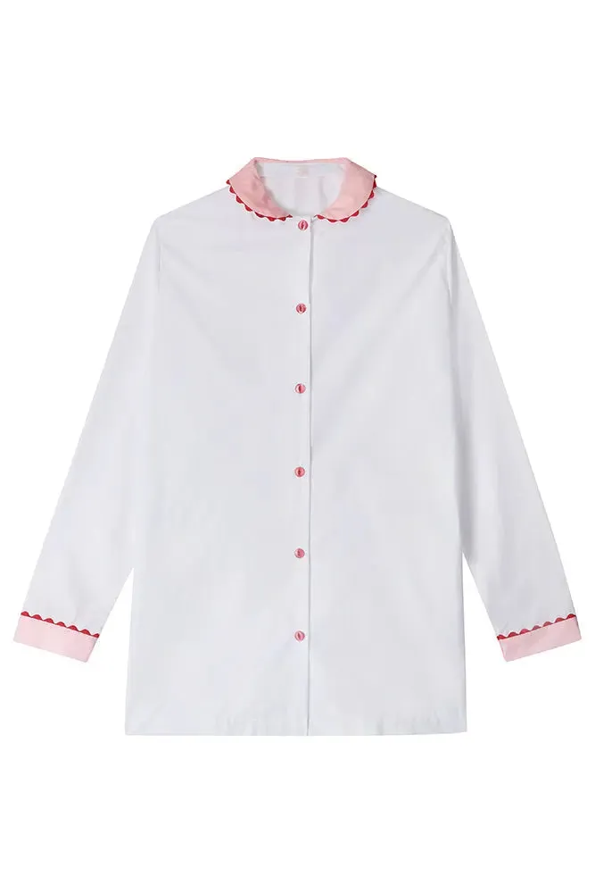 White Nightshirt With Contrasting Pink Collar and Cuffs and Red Ric Rac Trim - 100% Cotton Poplin