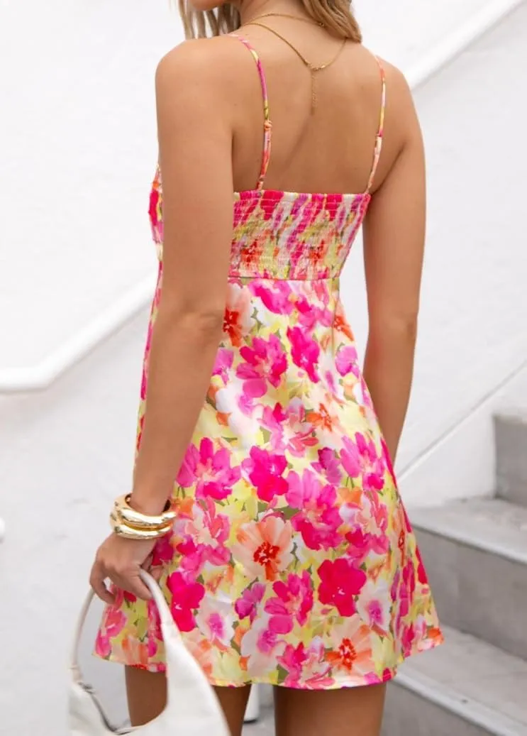Women Floral Cami Mini Dress Boho Flowy Spaghetti Strap Vacation Short Dresses Y2k Loose Graphic Slip Sundress