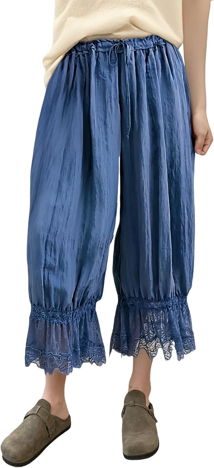 Women Lace Long Bloomers Pants Elastic Waist Y2k Ruffle Pettipants Slip Cute Pantaloons Pumpkin Pants