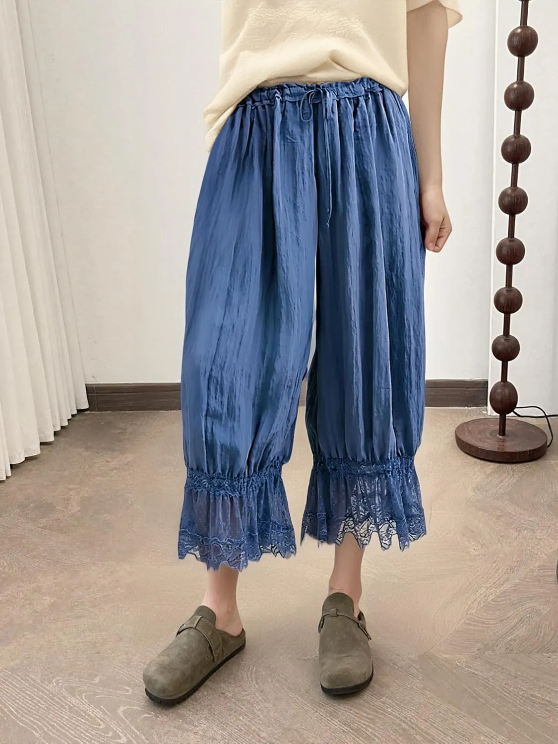 Women Lace Long Bloomers Pants Elastic Waist Y2k Ruffle Pettipants Slip Cute Pantaloons Pumpkin Pants