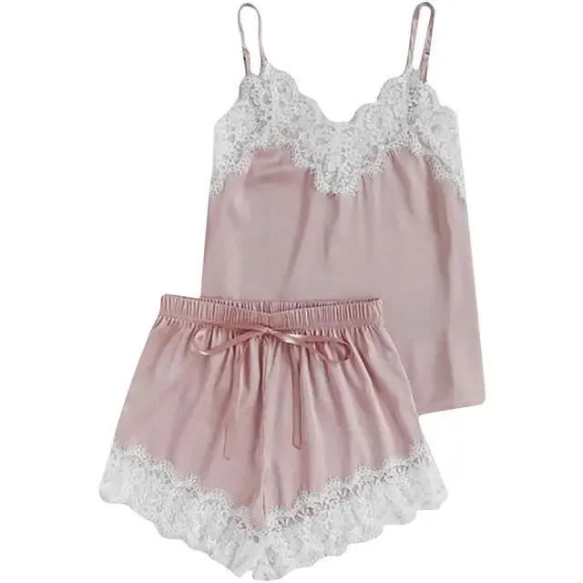 Women Sleepwear Sleeveless Strap Nightwear Lace Trim Satin Cami Top Pajama Sets Sexy Lingerie Intimate Ladies pijama mujer