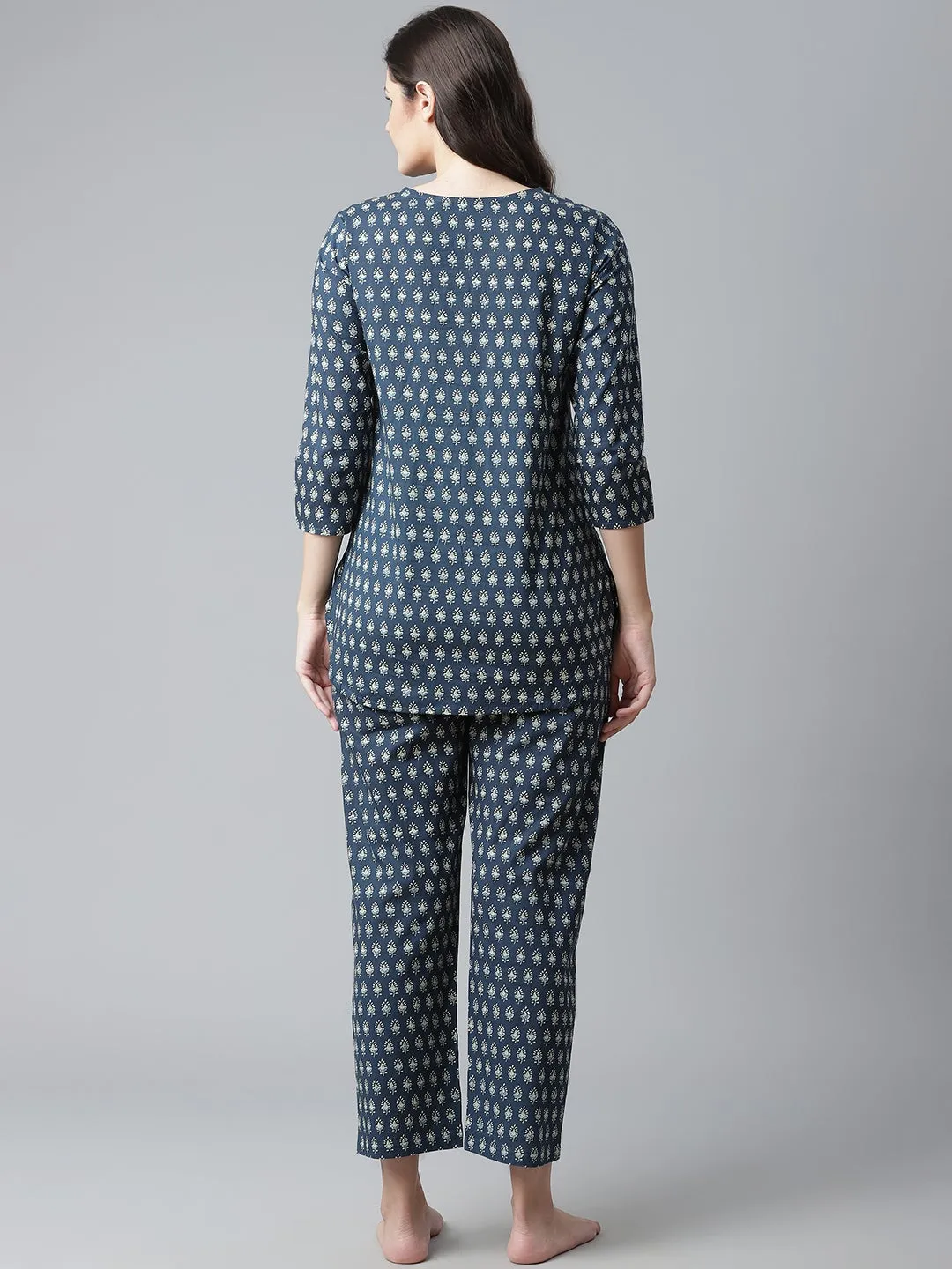Women'S Dark Blue Buti Print Cotton Nightwear