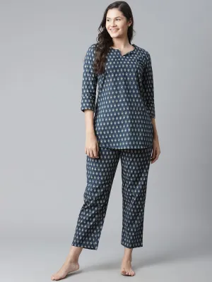 Women'S Dark Blue Buti Print Cotton Nightwear