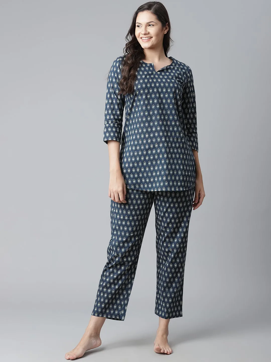 Women'S Dark Blue Buti Print Cotton Nightwear