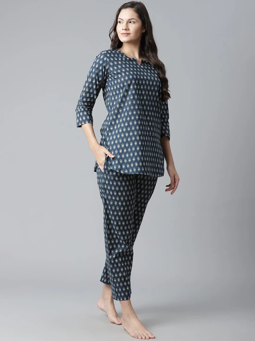 Women'S Dark Blue Buti Print Cotton Nightwear