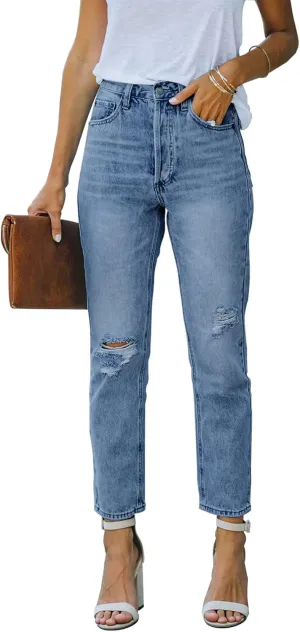 Women's Ripped High Waisted Jeans Distressed Stretch Straight Jean Denim Pants