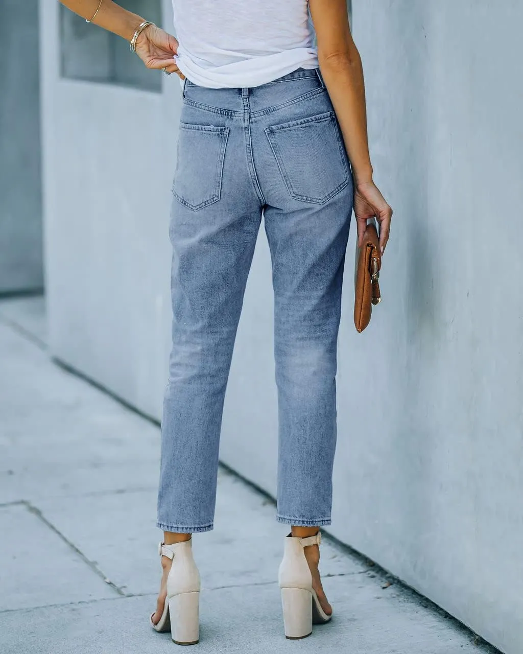 Women's Ripped High Waisted Jeans Distressed Stretch Straight Jean Denim Pants