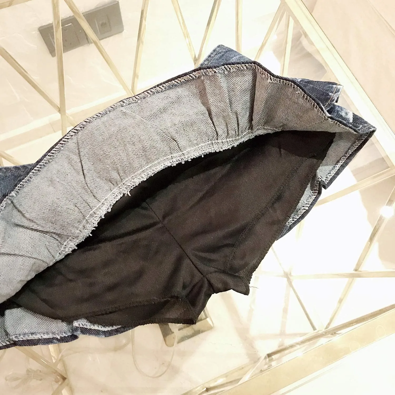 Women's Sexy Low Rise Ruffle Skirts Mini Pleated Denim Skirt with Shorts