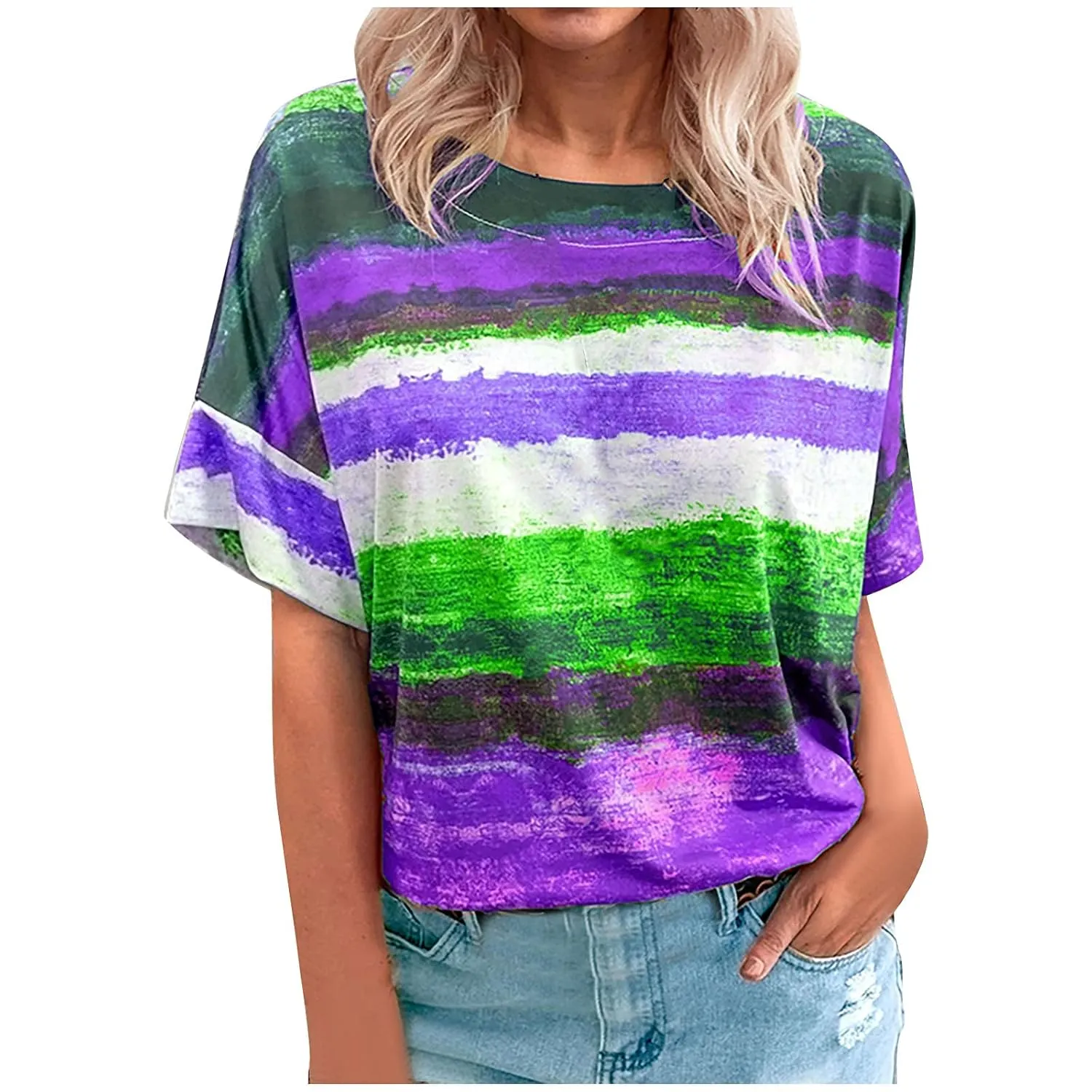 Women's Tie Dye T-Shirts Vintage Bell Short Sleeve Loose Fit Tees Tops Summer Casual Colo Block Novel Blouse Purple