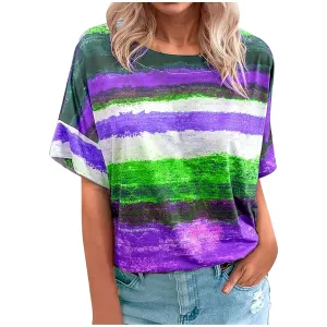Women's Tie Dye T-Shirts Vintage Bell Short Sleeve Loose Fit Tees Tops Summer Casual Colo Block Novel Blouse Purple