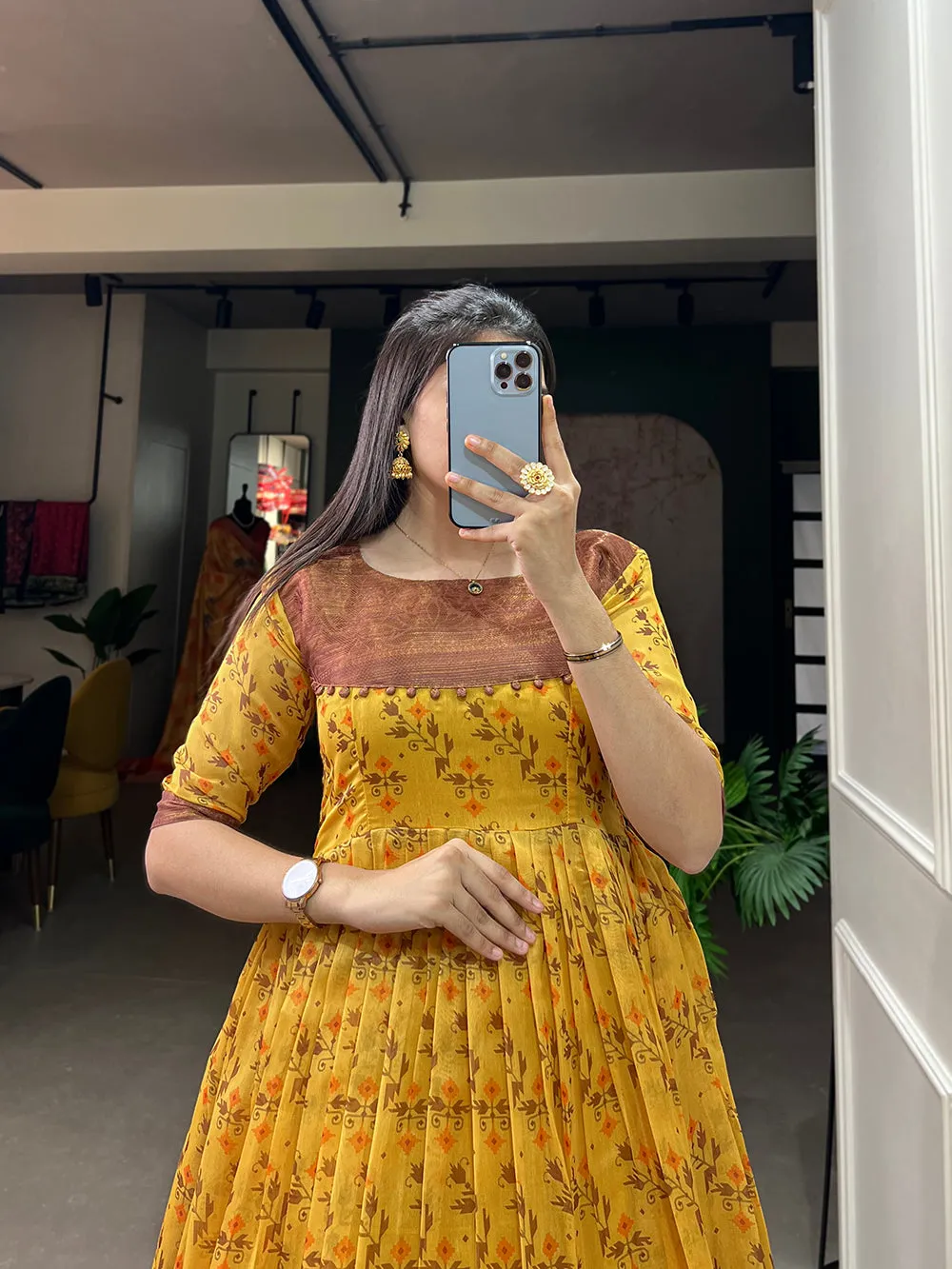 Yellow Color Print With Zari Patta  Soft Cotton Dress