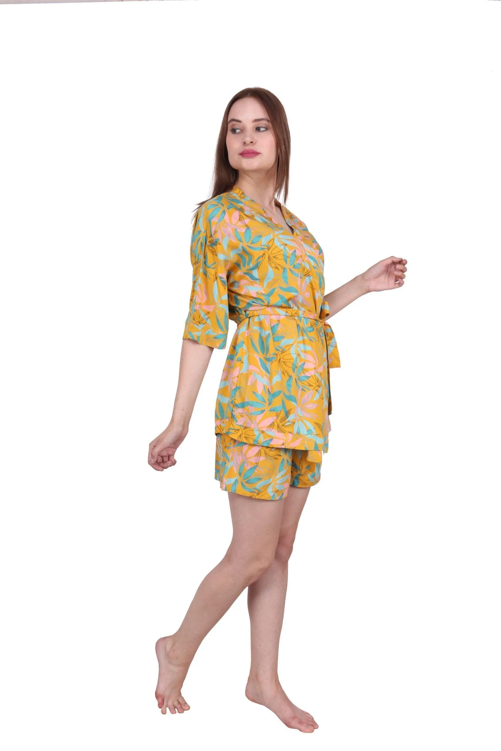 Yellow Floral Printed Nightwear Robe