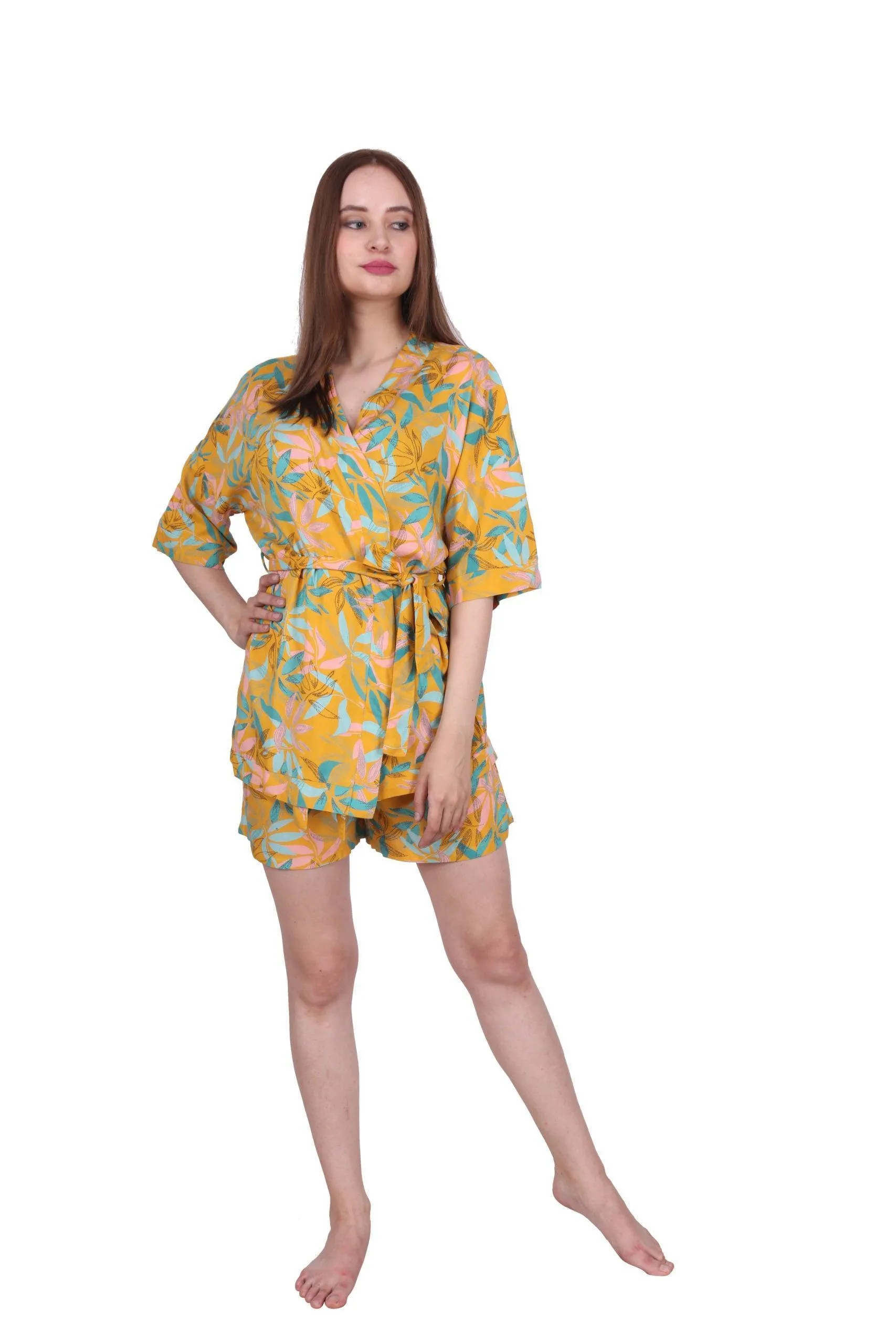 Yellow Floral Printed Nightwear Robe