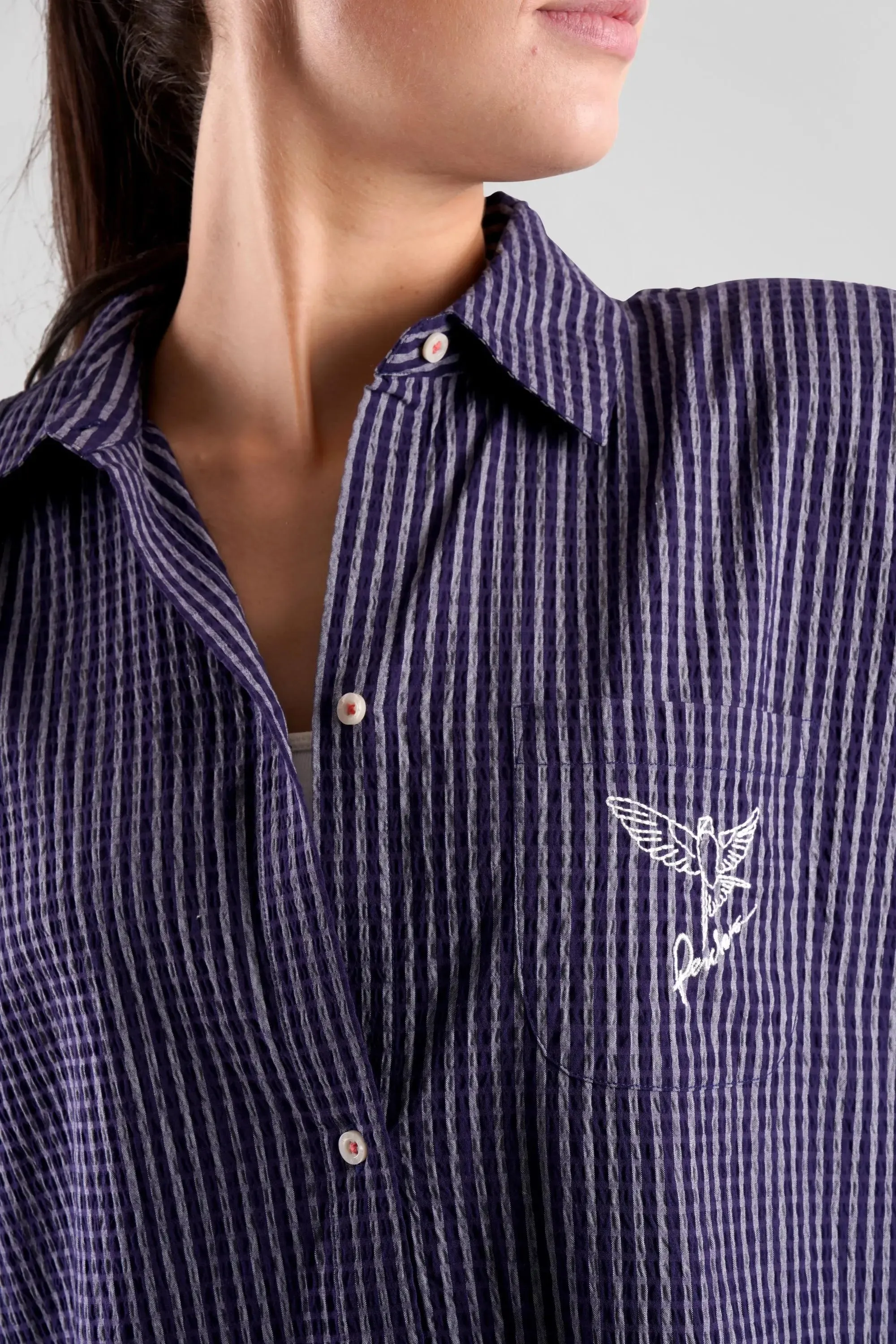 Yew Striped Ethical-Cotton Pyjama Shirt - Indigo Blue