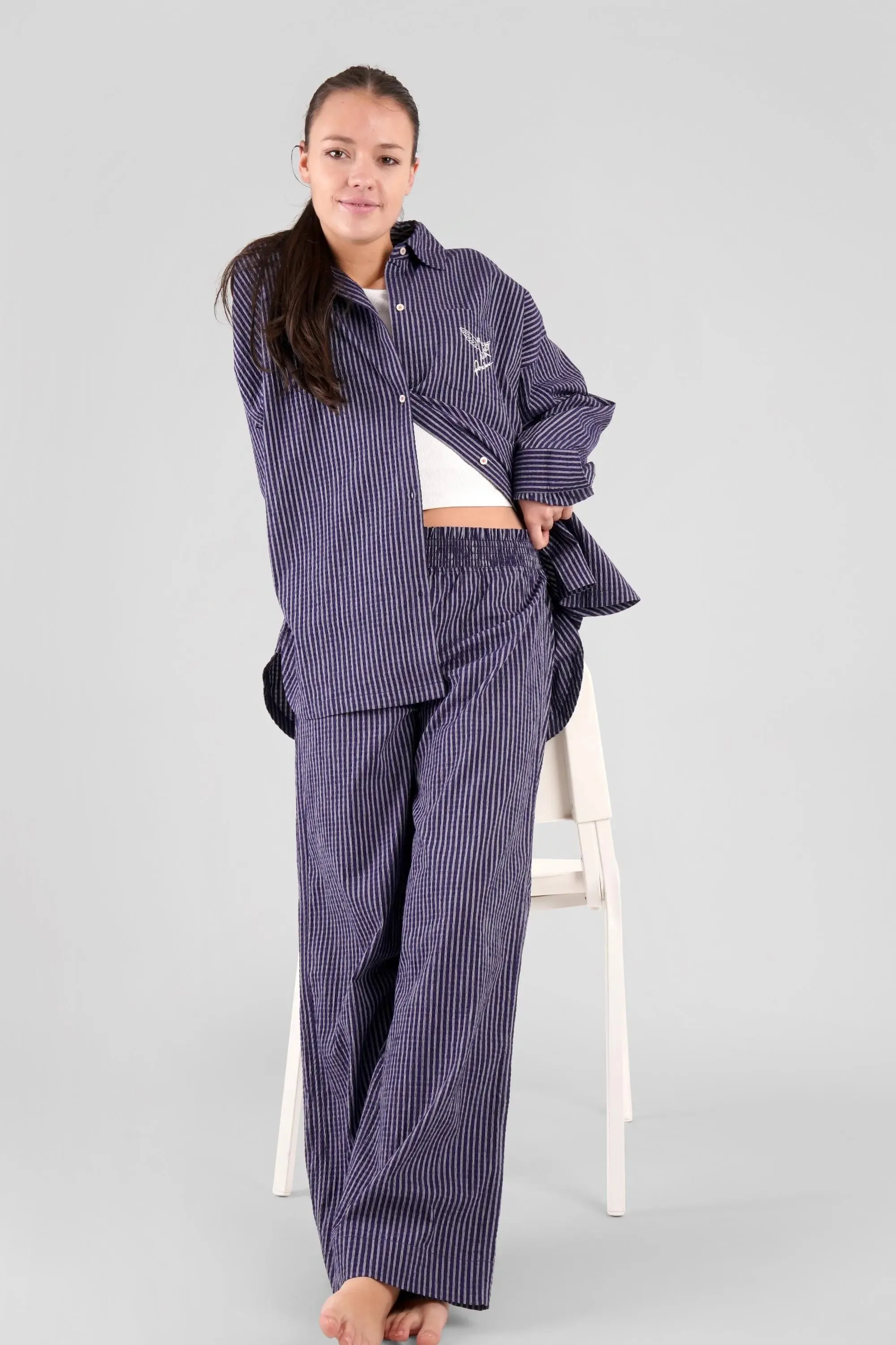 Yew Striped Ethical-Cotton Pyjama Shirt - Indigo Blue