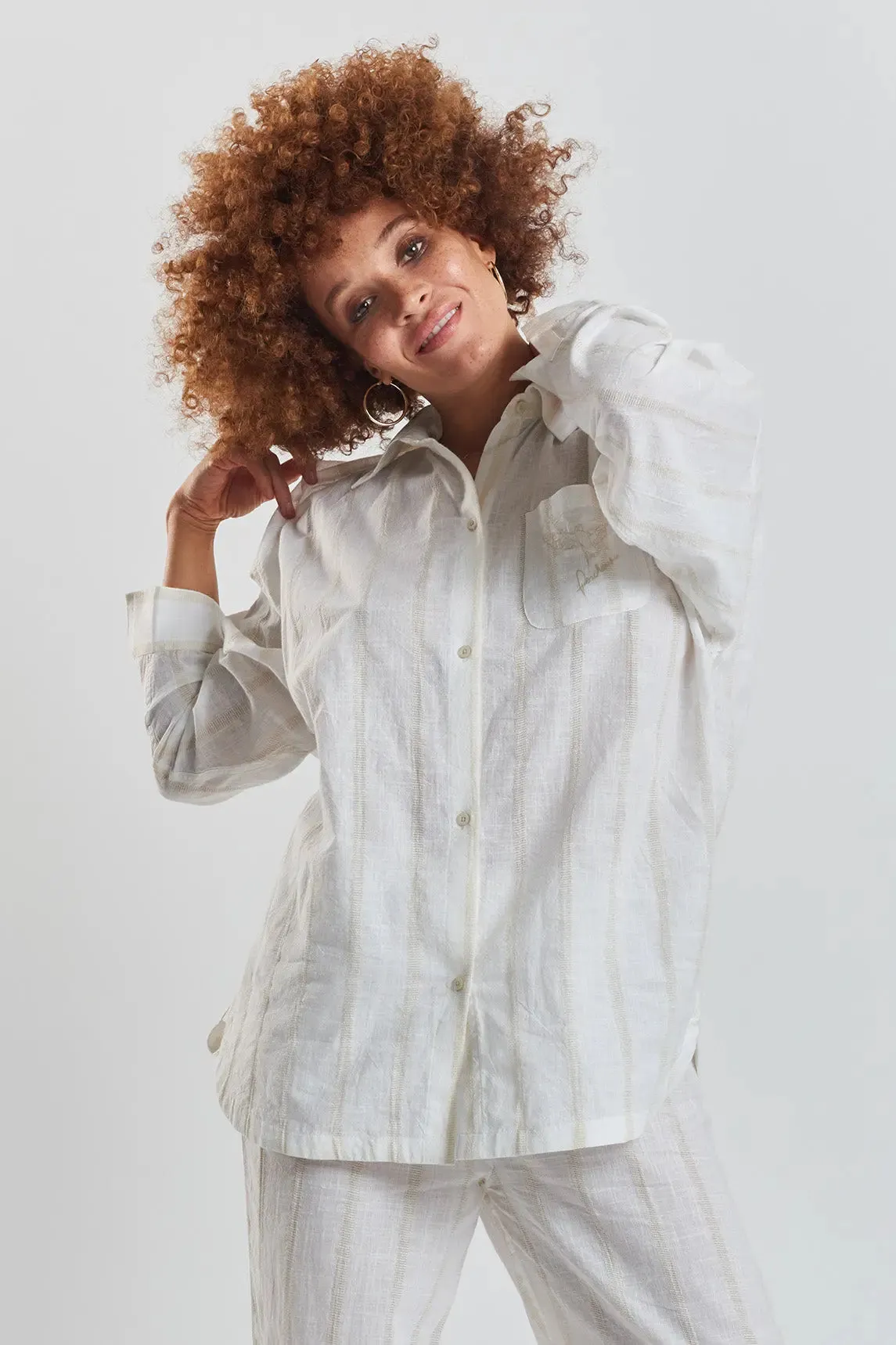 Yew Striped Ethical-Cotton Pyjama Shirt - Summer Sand Beige