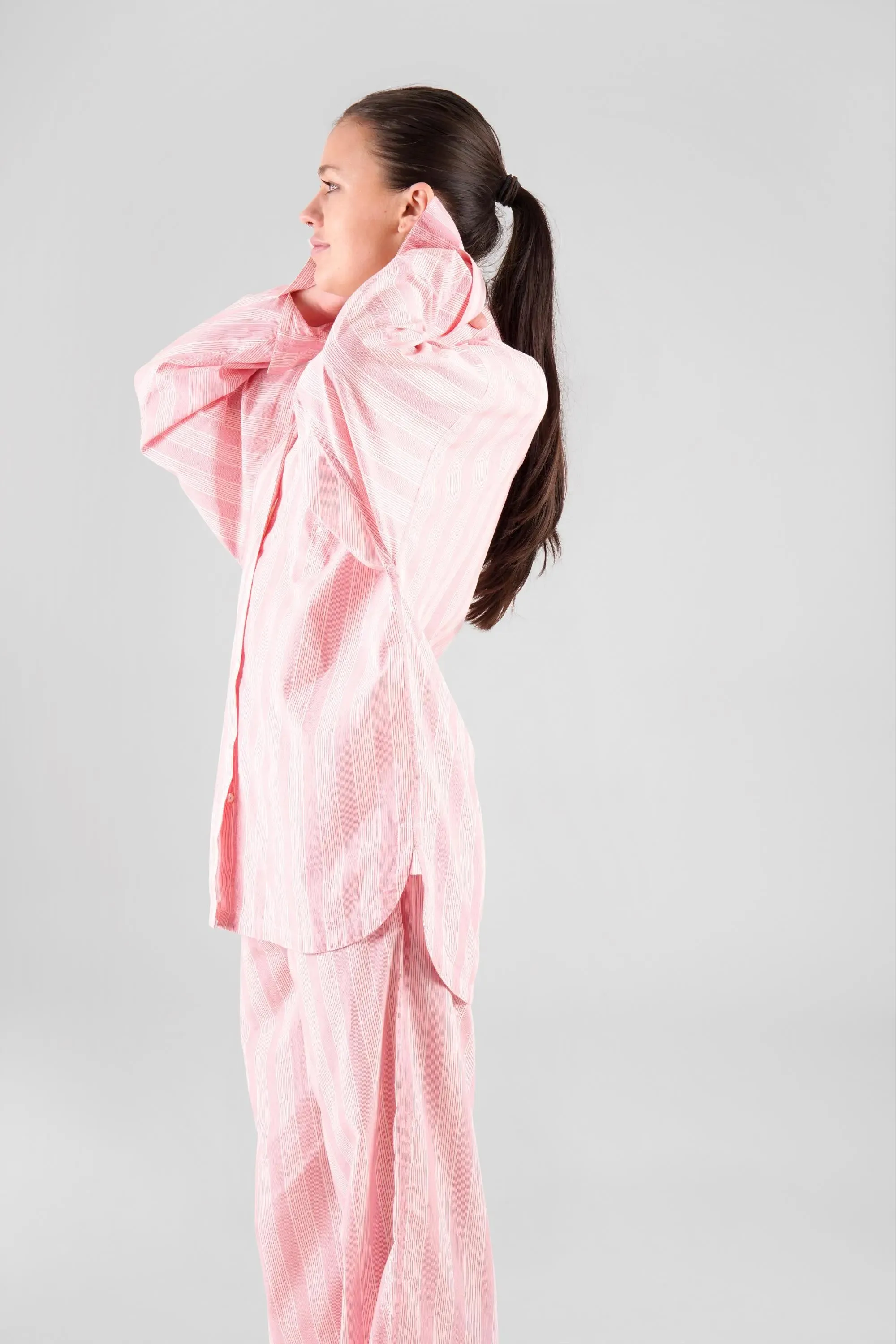 Yew Striped Ethical-Cotton Pyjama Shirt - Sunset Peach