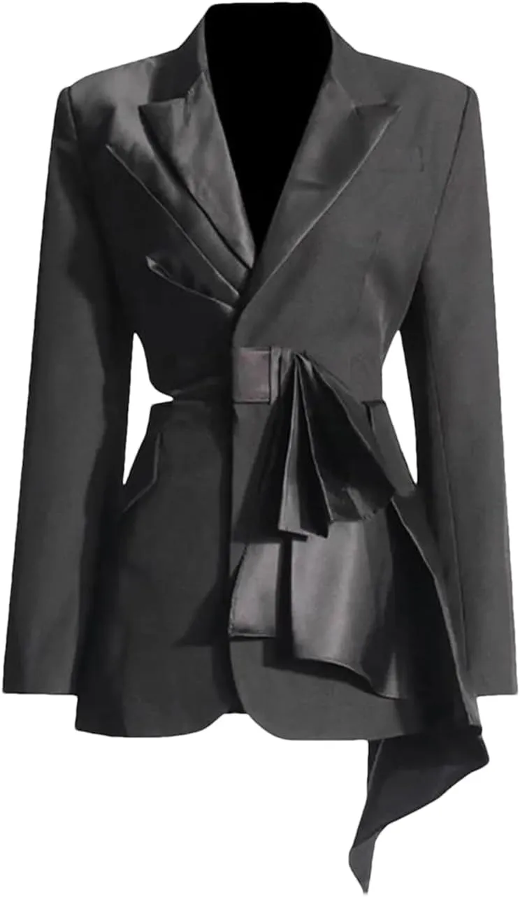 Zadaos Women's Blazer Jackets V-Neck Show Waist Bow Patchwork Notched Solid Color Elegant Suit Jacket