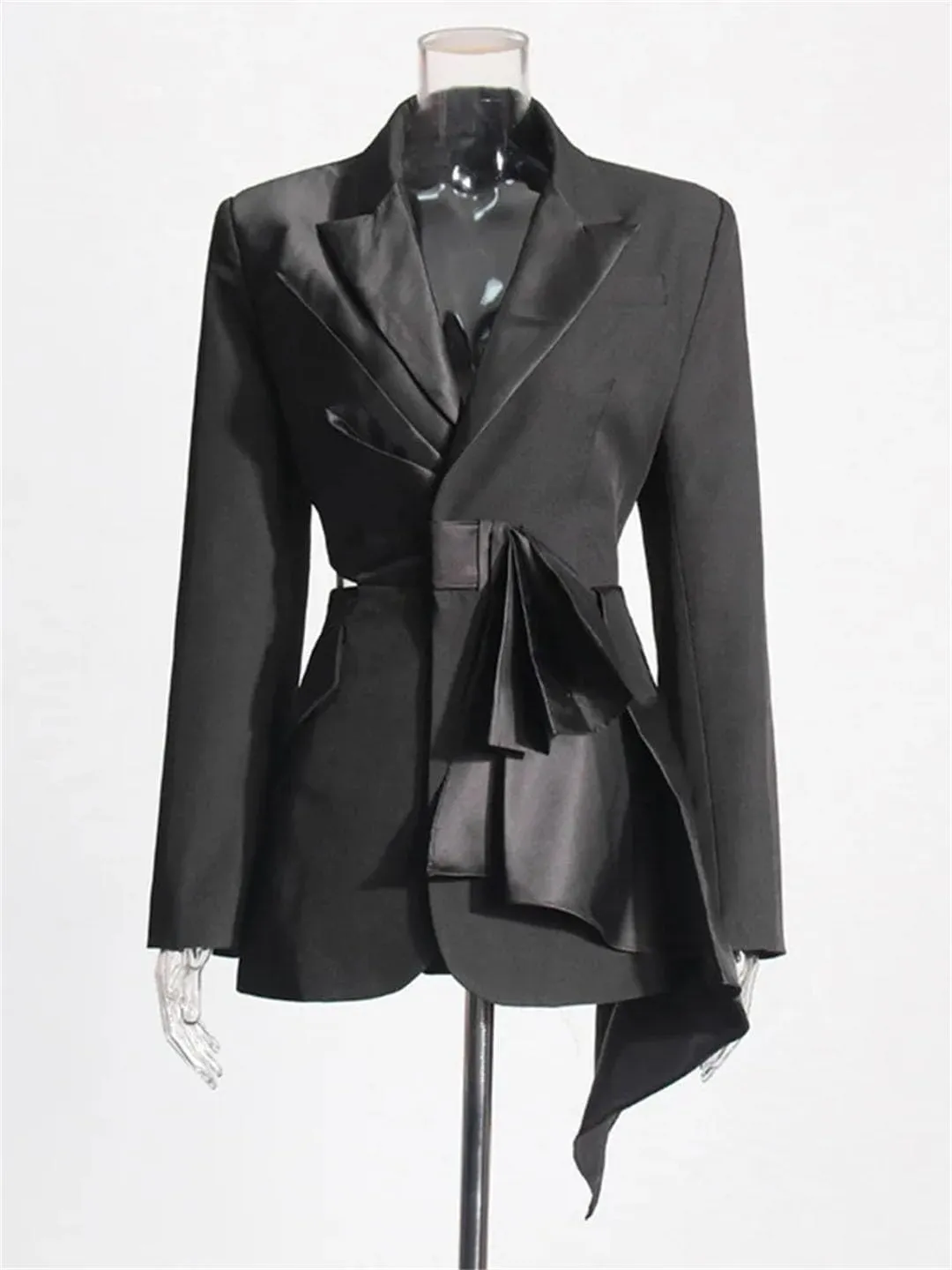 Zadaos Women's Blazer Jackets V-Neck Show Waist Bow Patchwork Notched Solid Color Elegant Suit Jacket