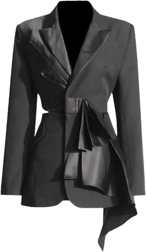 Zadaos Women's Blazer Jackets V-Neck Show Waist Bow Patchwork Notched Solid Color Elegant Suit Jacket
